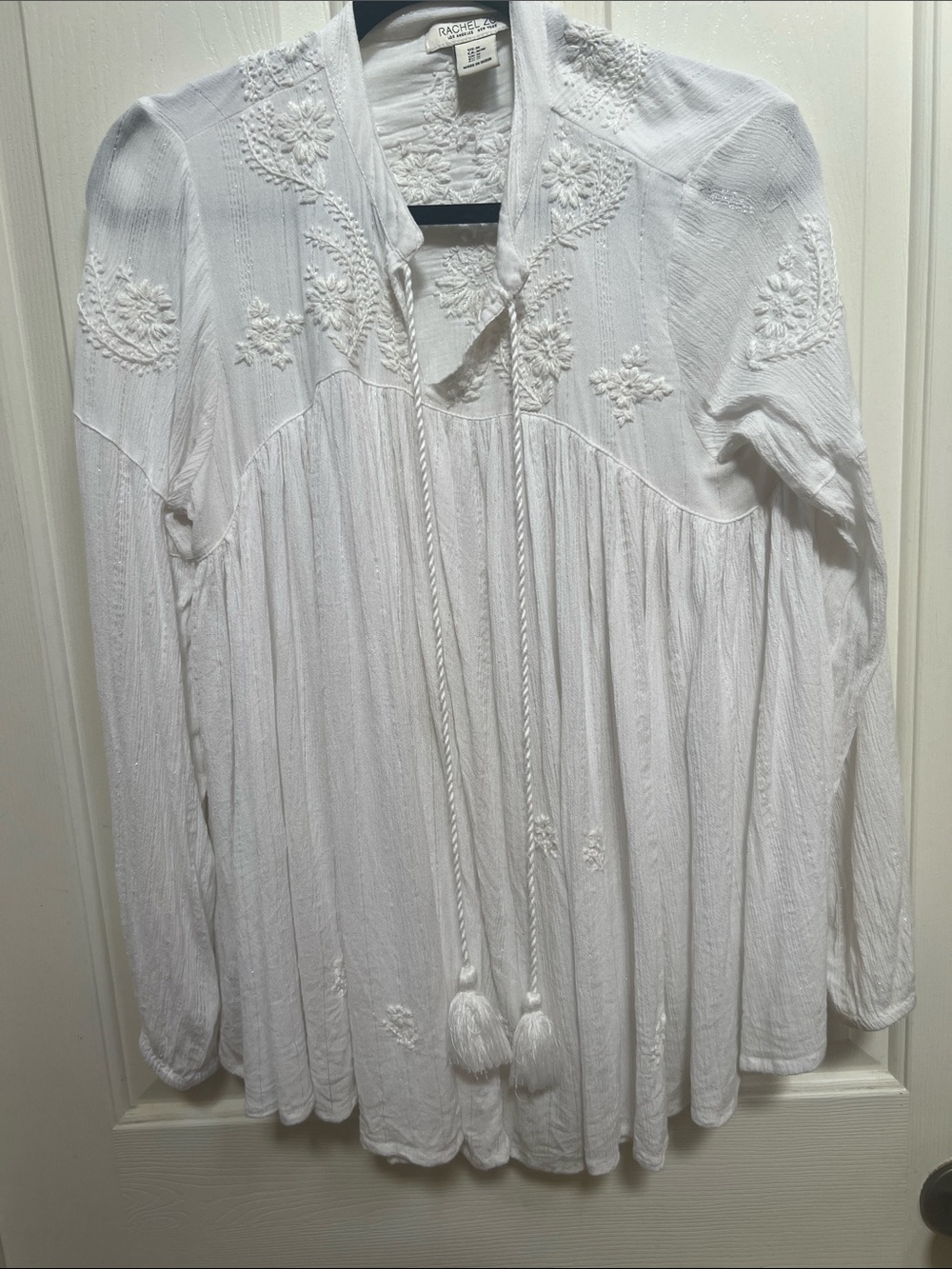 Rachel Zoe White Embroidered Peasant Tunic with Tassel Ties size M